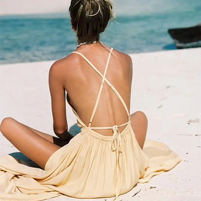 JSMY 2019 New Summer Bohemian Dress Fashion Women Beach Holiday Sytle Sling Backless Dress Long Slit