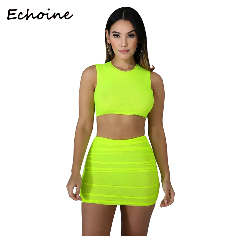

Echoine Fashion 2 Piece Set Women Solid Color Sleeveless O-neck Crop Top And Mini Dress Clubwear Summer Outfits For Women