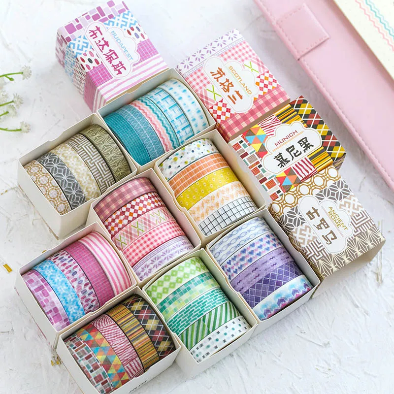 

5pcs/lot Geometry Dots Washi Tape Adhesive Masking Tapes Hollow Vintage Grid Decor For Scrapbooking Diary Albums 7m*10mm