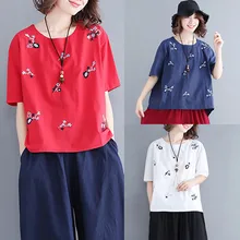 Fashion Tops 2019 Women Cotton Linen O-neck Short-sleeved Embroidered Loose Blouse T-Shirt Top