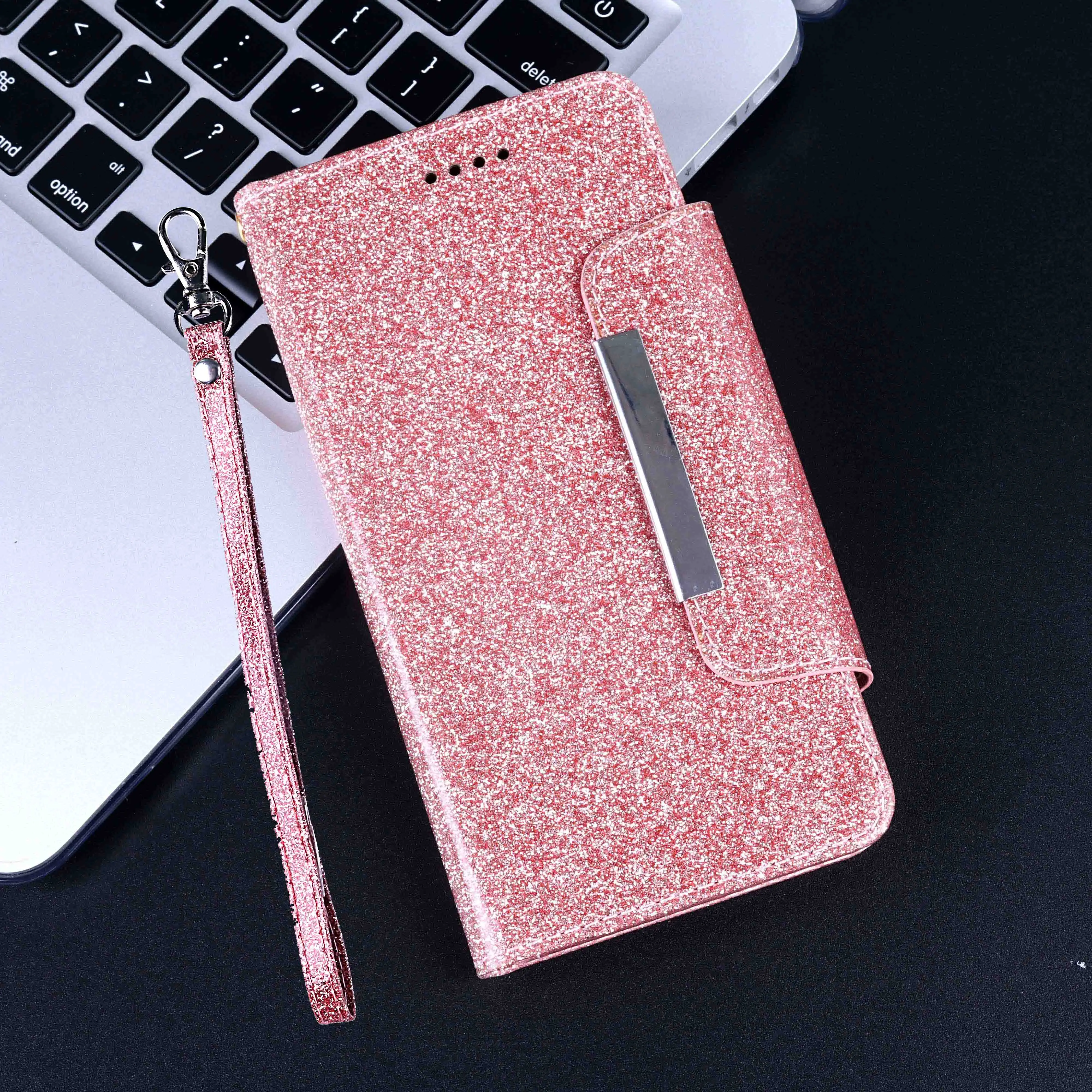 Чехол со стразами для LG Rebel3 Risio3 Блестящий с карманом для карт Kickstand с шнурком цветной бриллиантовый глянцевый чехол для телефона - Цвет: Rose gold