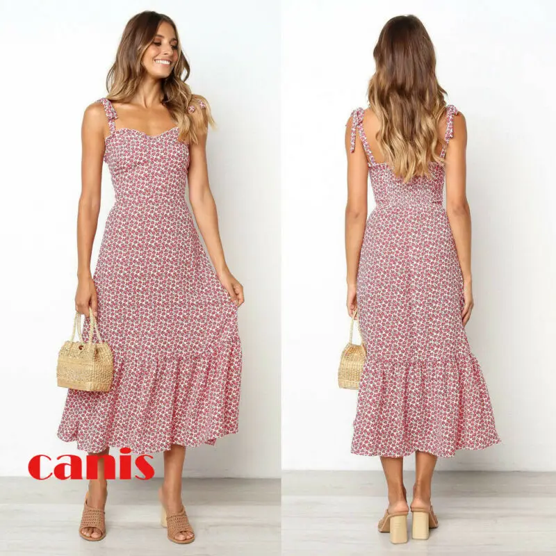

Women Fashion Girl Boho Elegant Floral Long Dress Ladies Strap Evening Party Strappy High Waist Sundress