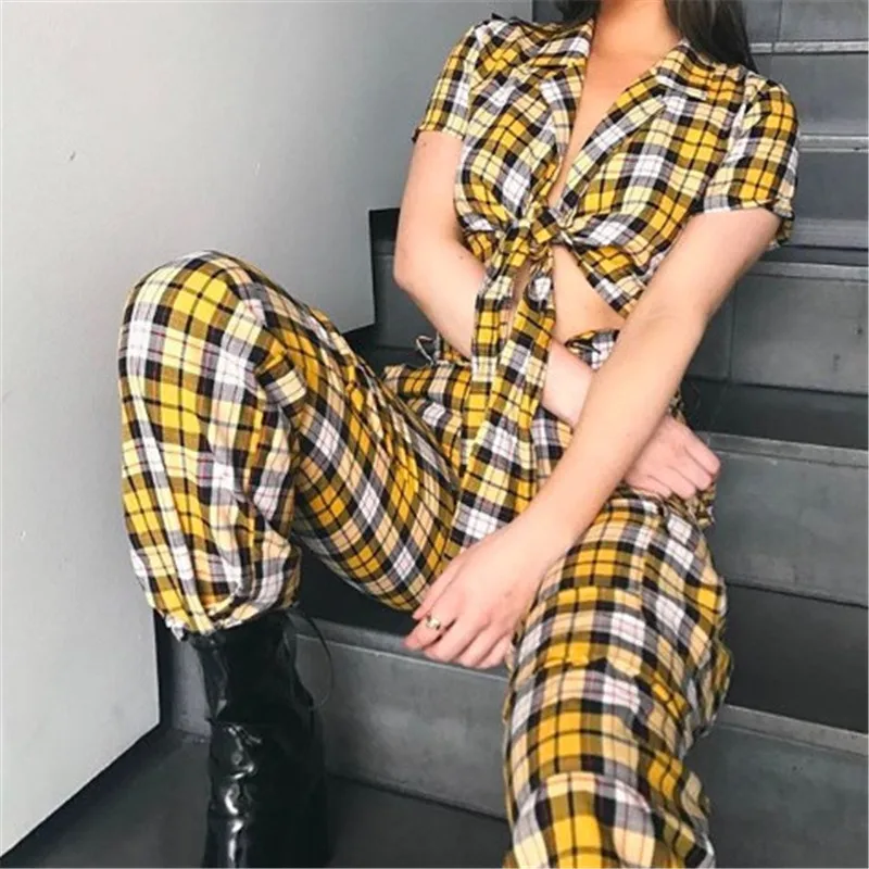 

2018 Summer Plaid Suit Women Tracksuit Sweatpants Yellow Striped Two Piece Sets