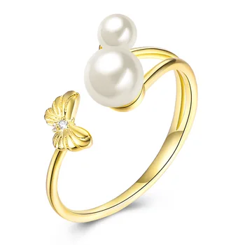 

Handicraft Wholesale Korean Sweet Wind Silver 925 Butterfly Pearl Adjustable Ring Yellow Gold Coating