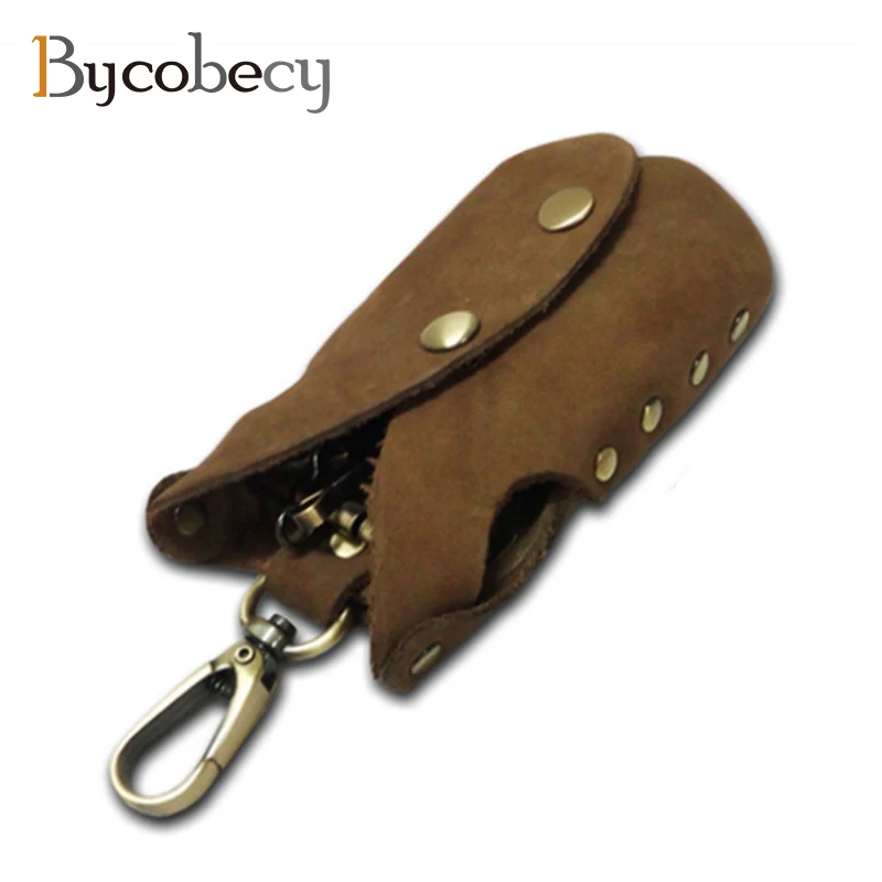 BYCOBECY Genuine Leather Key Holder Crazy Horse Leather Key Wallets