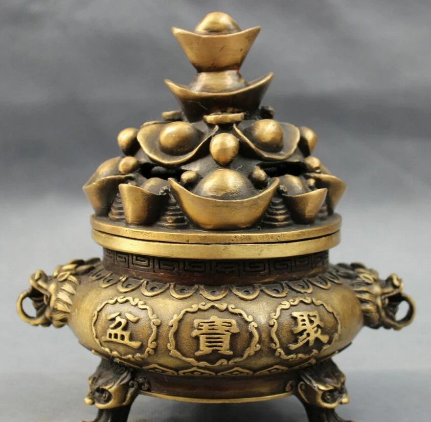 

song voge gem S2990 Chinese Bronze Buddhism FengShui Dragon Statue YuanBao Incense Burner Censer