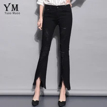 YuooMuoo черные рваные обтягивающие джинсы, высокая уличная мода, летние женские расклешенные брюки на пуговицах, средняя талия, Асимметричные Брюки