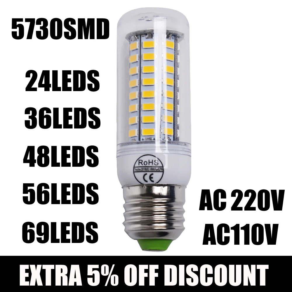 

1Pcs 2015 Full NEW LED lamp E27 E14 24/36/48/56/69 leds SMD 5730 Corn Bulb 220V Chandelier LEDs Candle light Spotlight