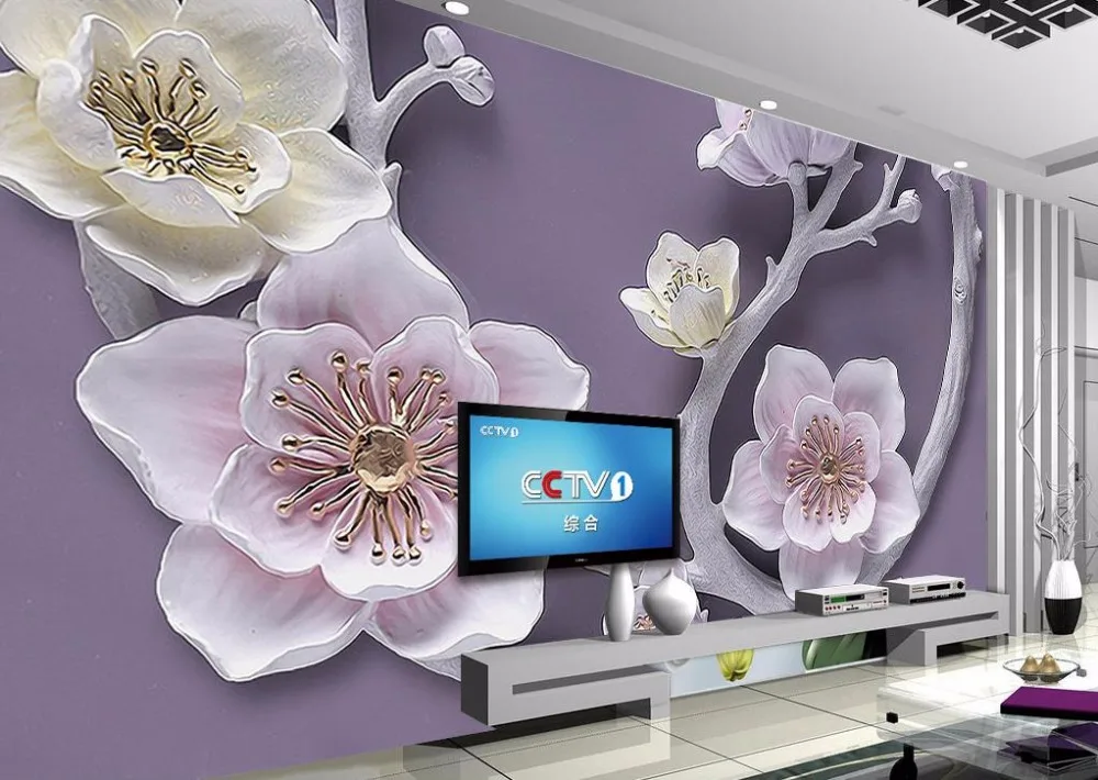 

2019 Custom relief flower background wall decoration painting living room 3D wallpaper