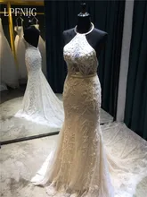 Lace Mermaid Wedding Dresses 2017 Halter Sleeveless Backless Court Train Applique and Lace Bridal Dresses Vestido De Noiva