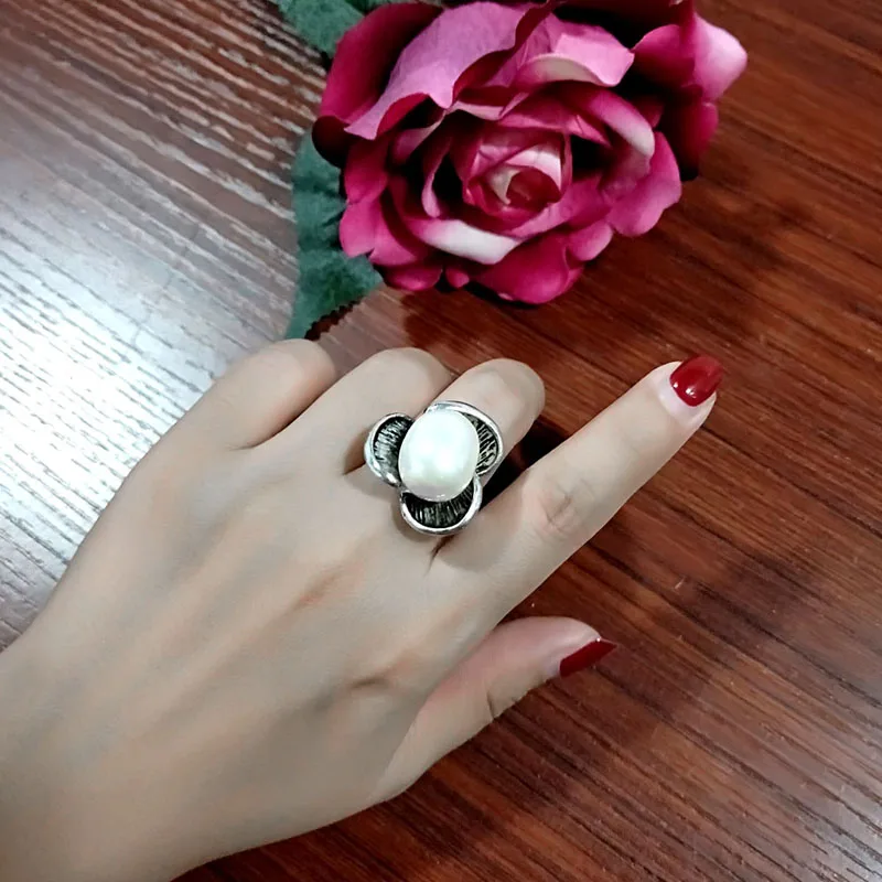 LEEKER индивидуальные большие овальные кольца с искусственным жемчугом для женщин античный серебряный цвет цветок регулируемый размер кольцо ювелирные изделия 93171 LK9