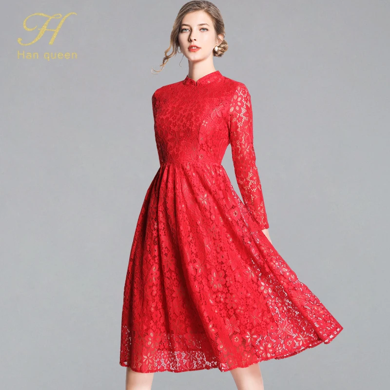 

H Han Queen Women Casual Lace Dress New Brand 2019 Spring Fashion Hollow Out Big Swing Elegant Ladies Evening Party Dresses