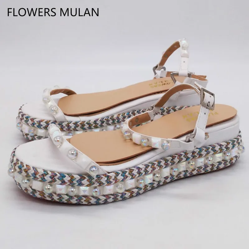 

High Top Name Brand Designers Girl Sandals Shoes One Narrow Buckle With Pearl Platform Shoes Mixed Color Rope Rivets Heel Shoes