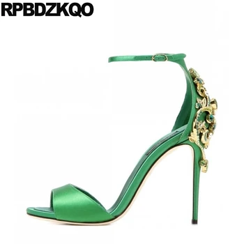 

Ankle Strap Stiletto Green Rhinestone Pumps High Heels Satin Jewel Sandals Diamond Famous Brand Luxury Shoes Women Designer
