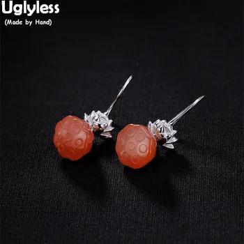 

Uglyless Asian Popular Lotus Earrings for Women Handmade Solid 925 Silver Flower Fine Jewelry Natural Red Agate Earrings Gems