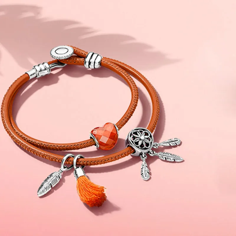 

DERMSPE 2018 New S925 Silver DDreamcatcher Colorful Beaded Match Set Orange Double Circle Retro Leather Rope DIY Gift