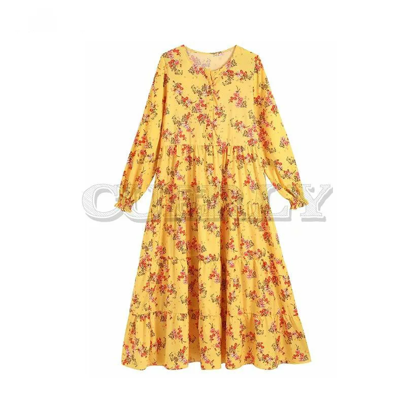 

CUERLY women vintage floral print O neck chic maxi dress female long sleeve stylish chic ankle length dresses CUERLY QB750