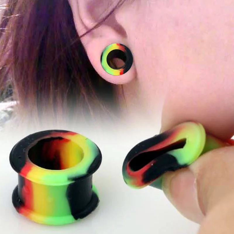 1Pair Soft Mixed Color Silica Gel Ear Tunnel Plugs and Gauges Flesh
