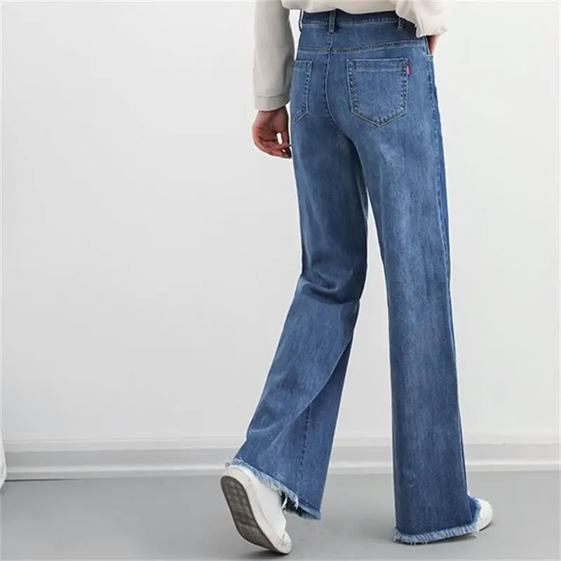 Женские Весна Осень Новые широкие джинсы прямые широкие брюки модные сплайсированные цветные необработанные брюки