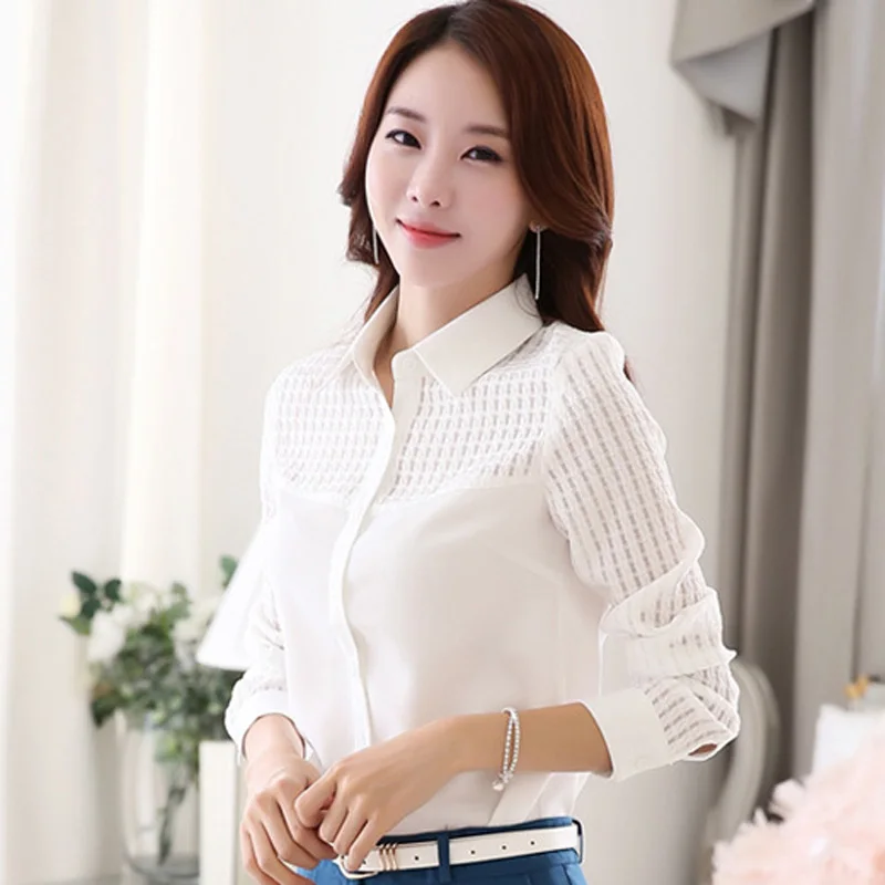  Charm Lady White Chiffon Blouses Plus Size S-4XL Turn Down Collar OL Clothing 2016 Women Black Shir