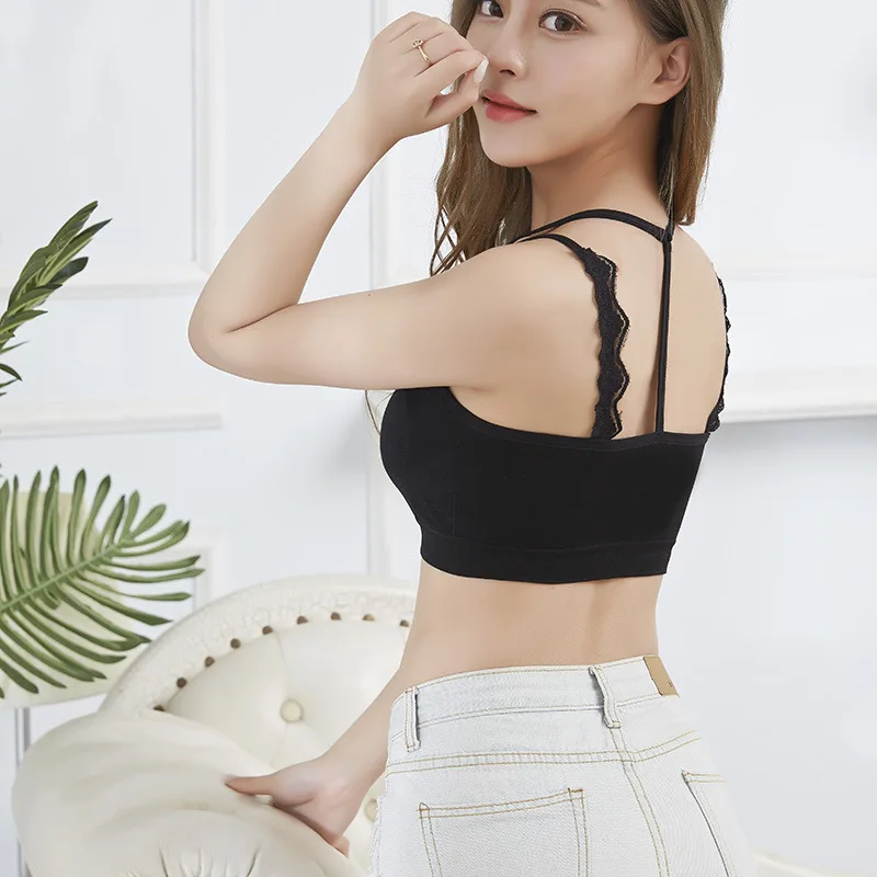 Ice Silk Women Tube Top Sexy Hollow Out Cross Back Solid Color Beauty Back Wire Free Comfortable Tube Top
