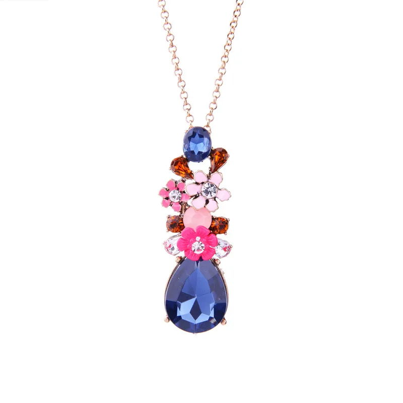 

Multicolor small flower blue crystal pendant necklace fashion long paragraph wild generous woman necklace jewelry