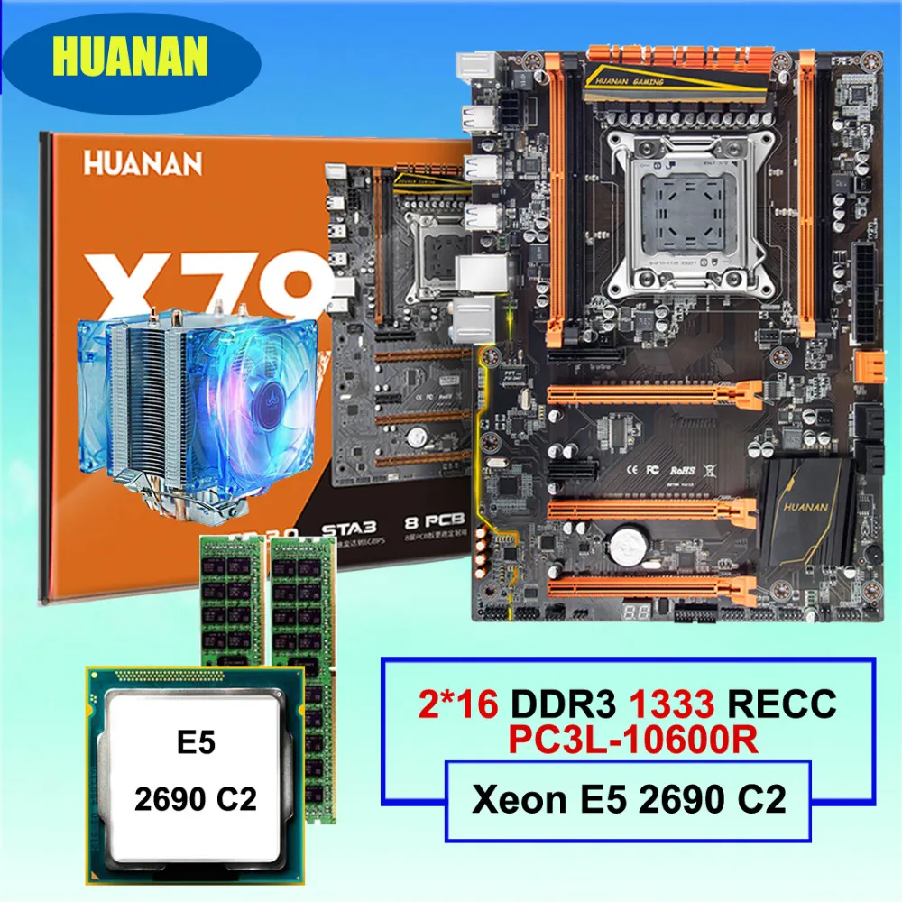 Бестселлер HUANAN deluxe X79 LGA2011 игровая материнская плата набор Xeon E5 2690 C2 с кулером для процессора ram 32G(2*16G) DDR3 1333MHz RECC