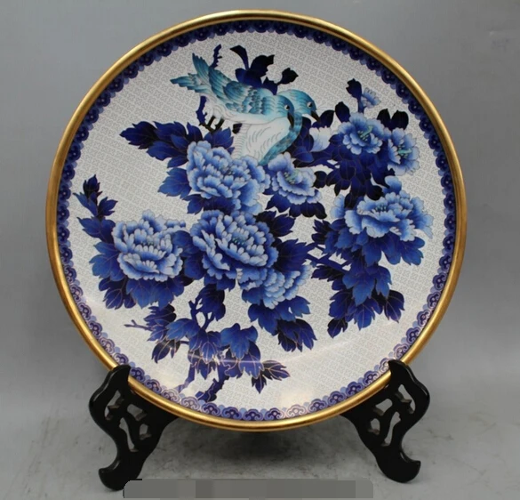 

002045 18 Palace China Copper Cloisonne Enamel Lucky riches and honour Bird peony Plate Bronze Statue