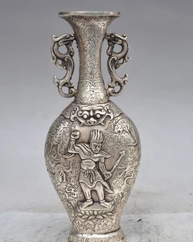 

12" Old Chinese Silver god Buddha dragon Tiger Beast Stateu Bottle Pot Vase Jar