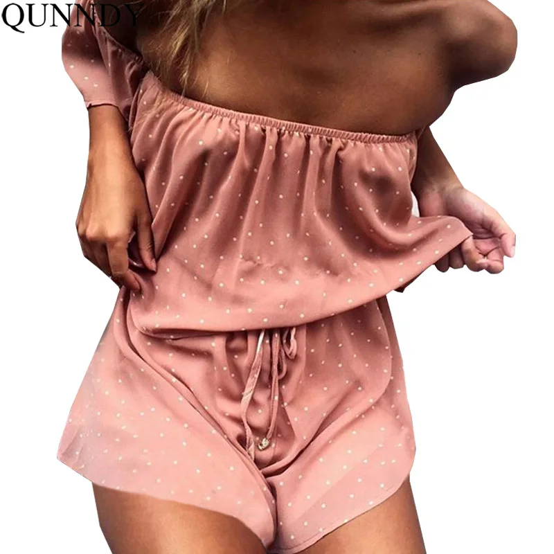 

QUNNDY Sexy Dotted Fashion Playsuit Women Shoulder Ruffle Bodycon Jumpsuit Rompers 2018 New Elegant Elastic Print Bodysuit