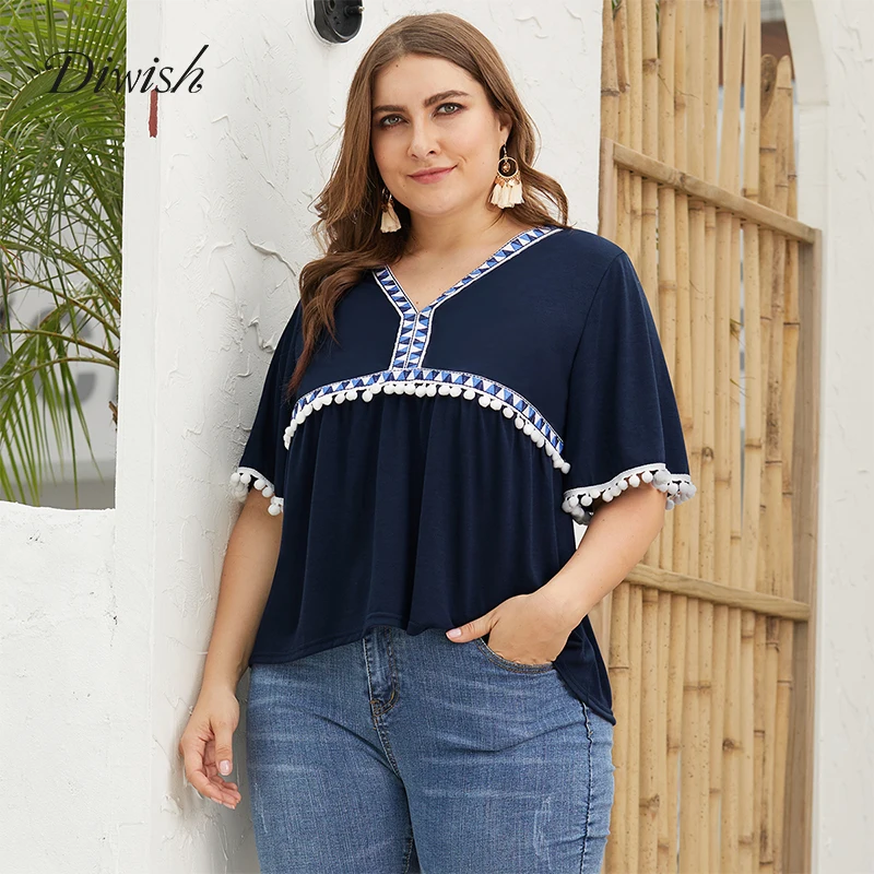 

Diwish V Neck T Shirts for Women 2019 Short Sleeve Casual Knitted T Shirt Navy Blue Summer Tops T Shirts Plus Size XL-4XL