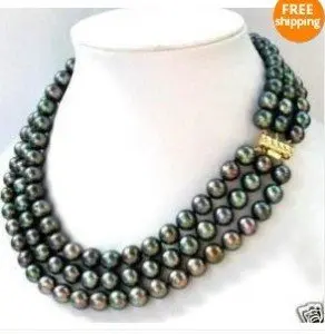 

Hot Fashion women designer cheap Jewellery 3 Row 7-8mm Natural Black Pearl Necklace 17-19