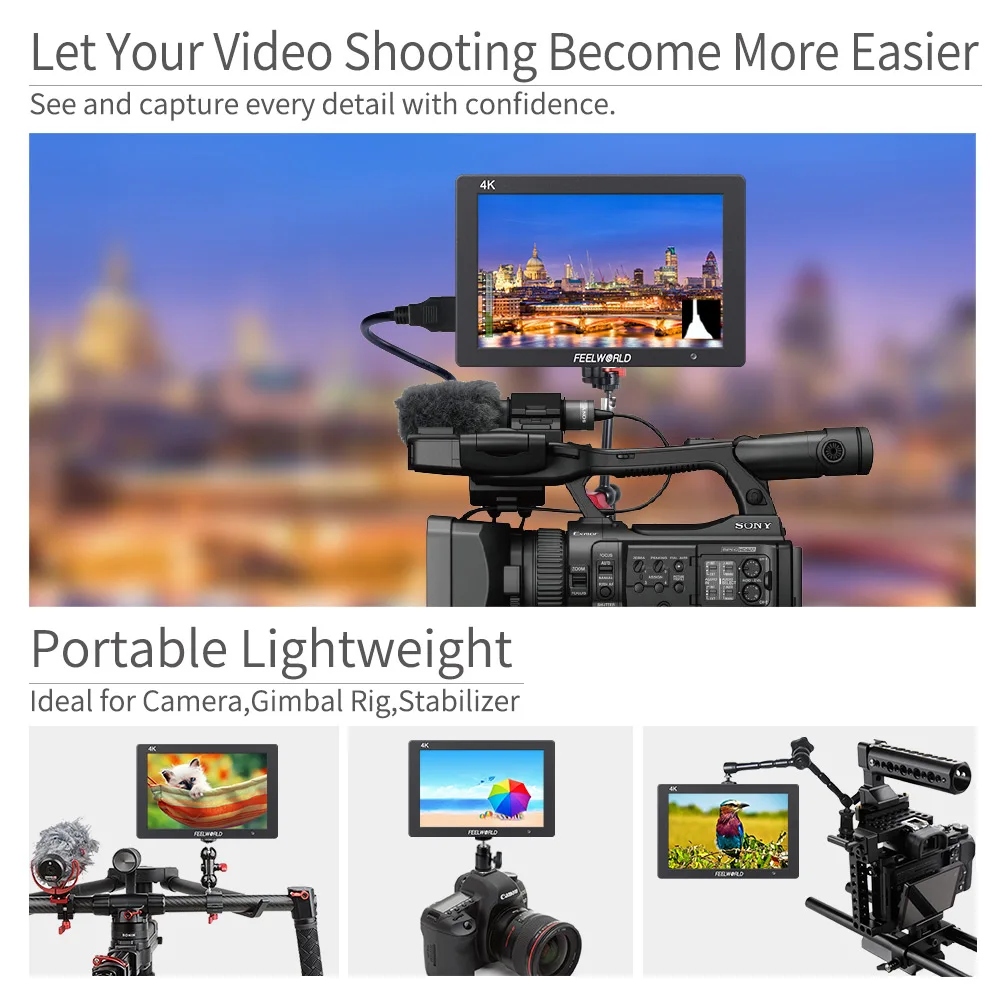 Feelworld 7 Inch IPS 1920x1200 4K HDMI Monitor Solid Aluminum Housing Camera Field Monitor with Peaking