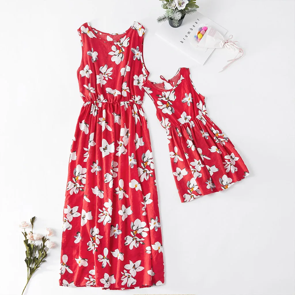 

2019 Family Look Children Kids Girls Sleeveless Floral Vest Matching Family Clothes Mommy And Me Kids Girls Mom Daughter Dresses