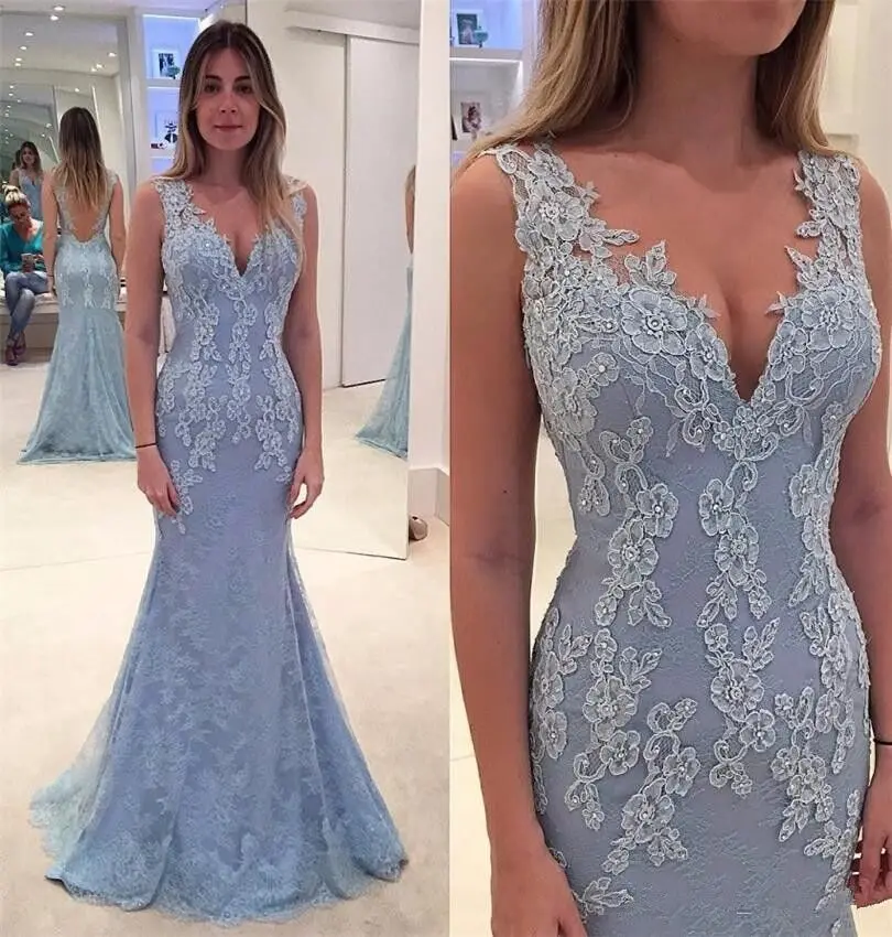 

Robe De Soiree Mermaid Long Evening Dresses Vestido De Festa V-Neck Sleeveless Floor Length Party Elegant Prom Gown