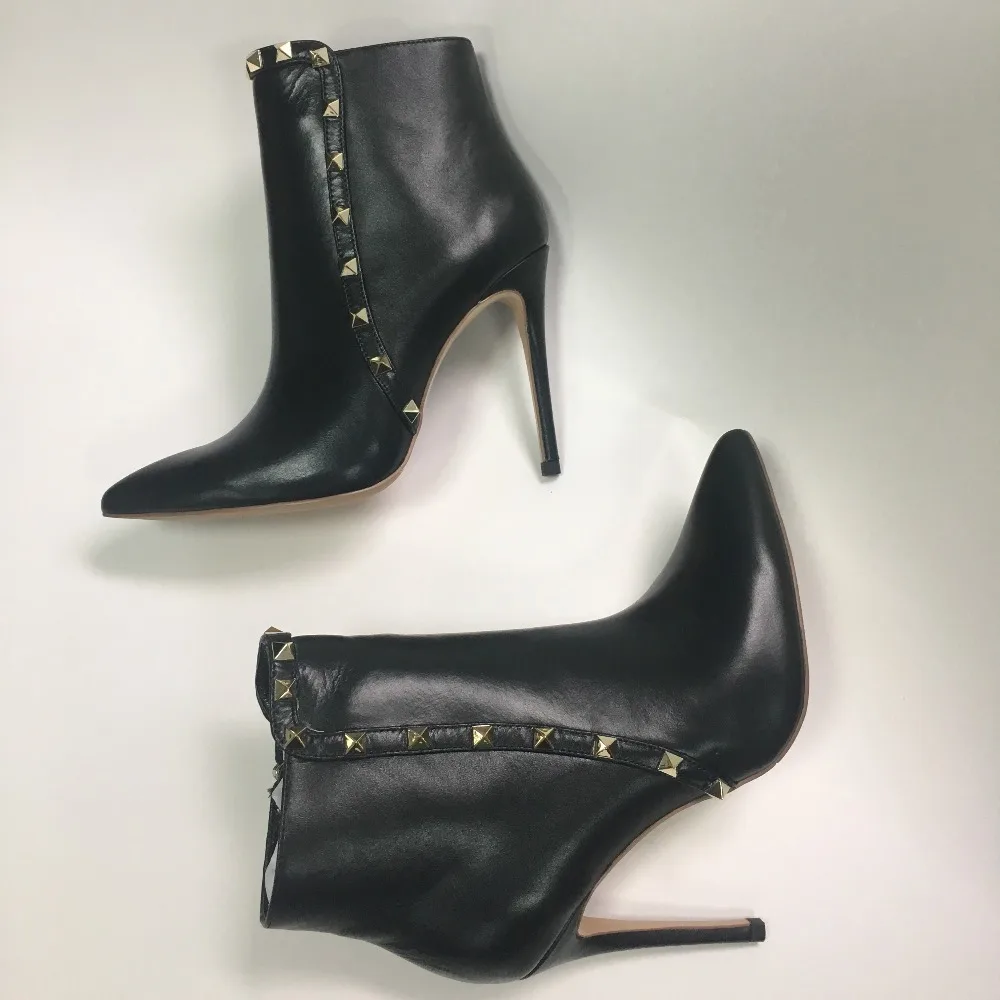 

Women Statement Black Ankle Boots Genuine Leather Stiletto Heel Pointy Shoes Autumn Studed Dress Shoes for Women