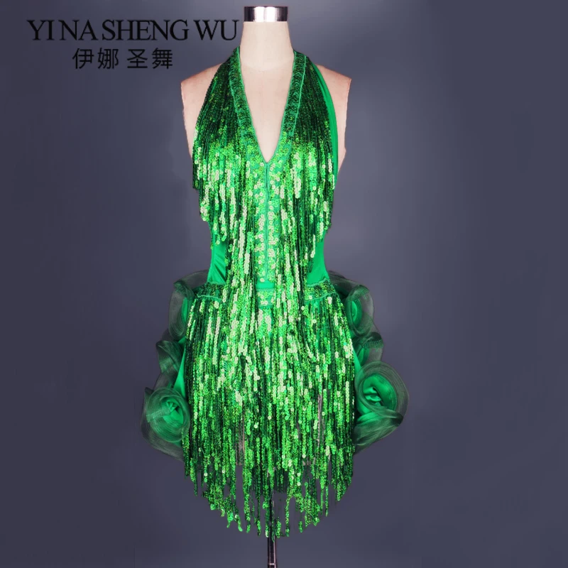 

Latin dance dress green professional costume for women fringe samba costume colorful womens ballroom competition dresses tassels