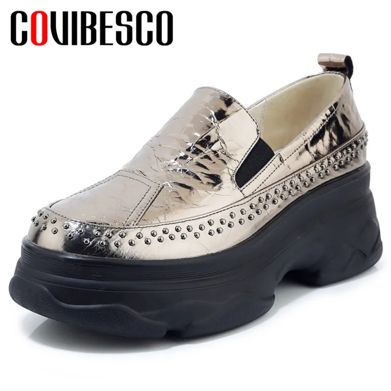 

COVIBESCO New Spring Autumn Women Fashion Metal Decoration Casual Shoes Woman Genuine Leather Solid Punk Flats Platforms Shoes