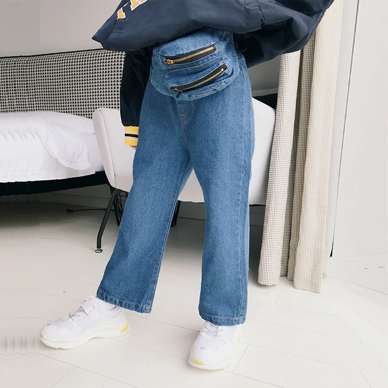 

Girls jeans 2018 autumn new girls elastic waist fashion pants to send pockets fashion straight pants
