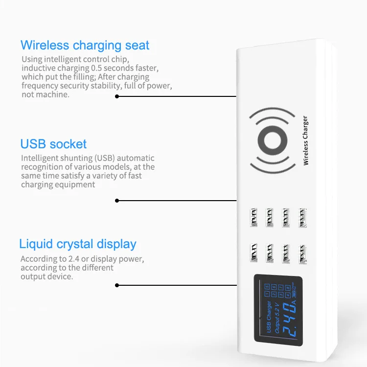 Qi Беспроводное зарядное устройство универсальное 8 портов USB быстрое зарядное устройство станция со светодиодным дисплеем Зарядка для планшета подставка для мобильного телефона EU US UK Plug