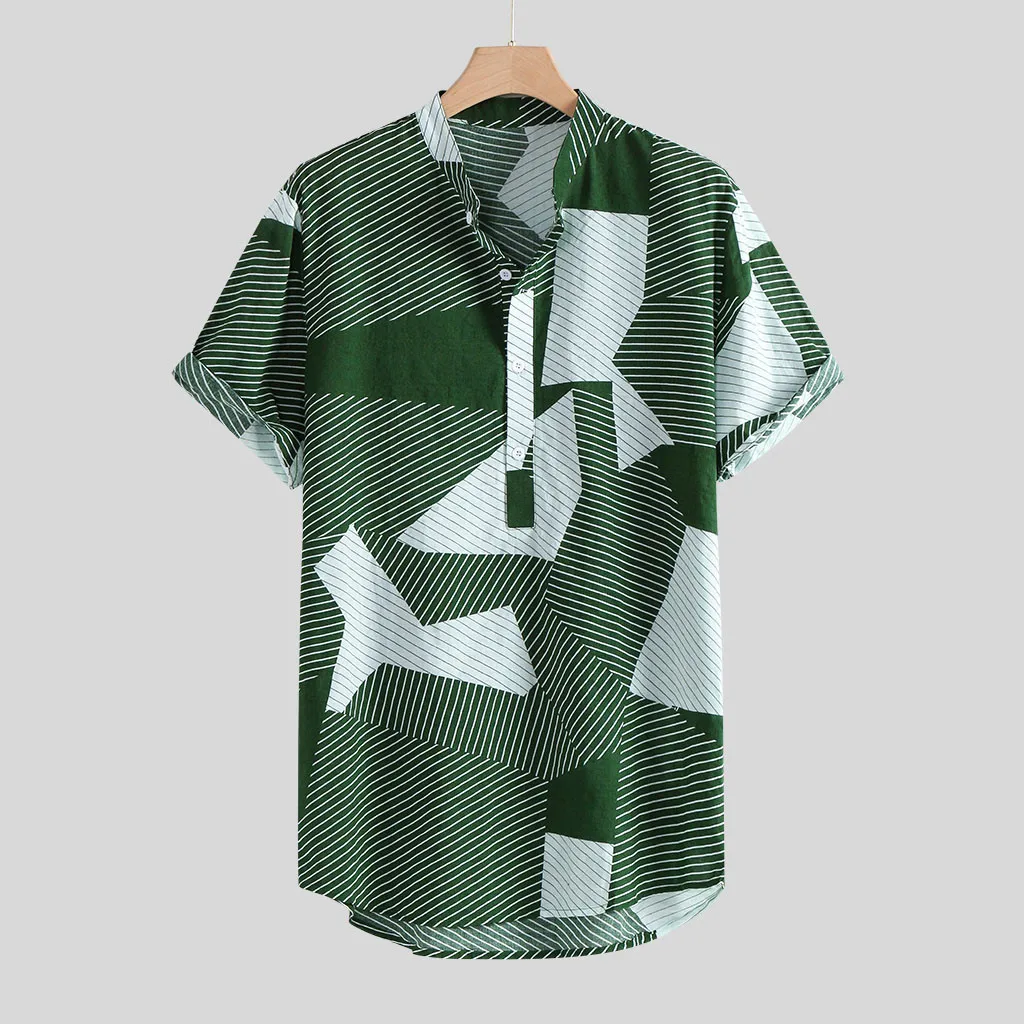 

Mens Multi Color Shirts Lump Chest Pocket Geometric Patchwork Turn Down Collar Short Sleeve Round Hem Hawaiian Shirt Plus Size