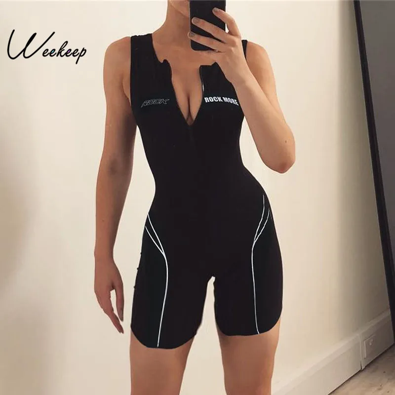 

Weekeep Black Bodycon Sleeveless Playsuits Women Letter Print Front Zipper Rompers Womens Jumpsuit Streetwear Body Overalls