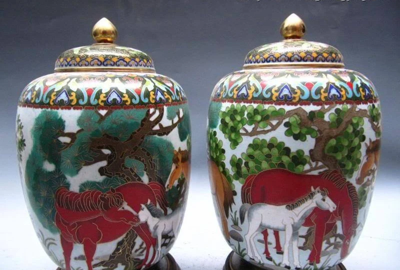 

11 China Regius Copper Bronze cloisonne enamel Eight Horse Vase Crock Pot Pair