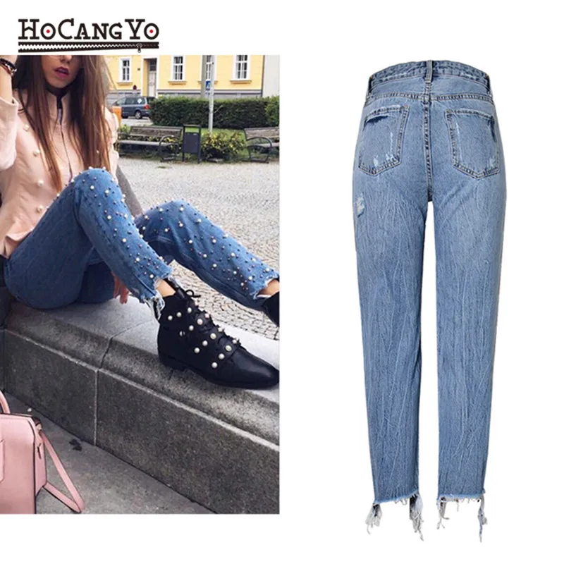 HCYO/джинсы с высокой талией, Женские джинсовые штаны, узкие прямые джинсы с кисточками и потертыми дырками с жемчугом, женские хлопковые джинсы, ковбойские штаны