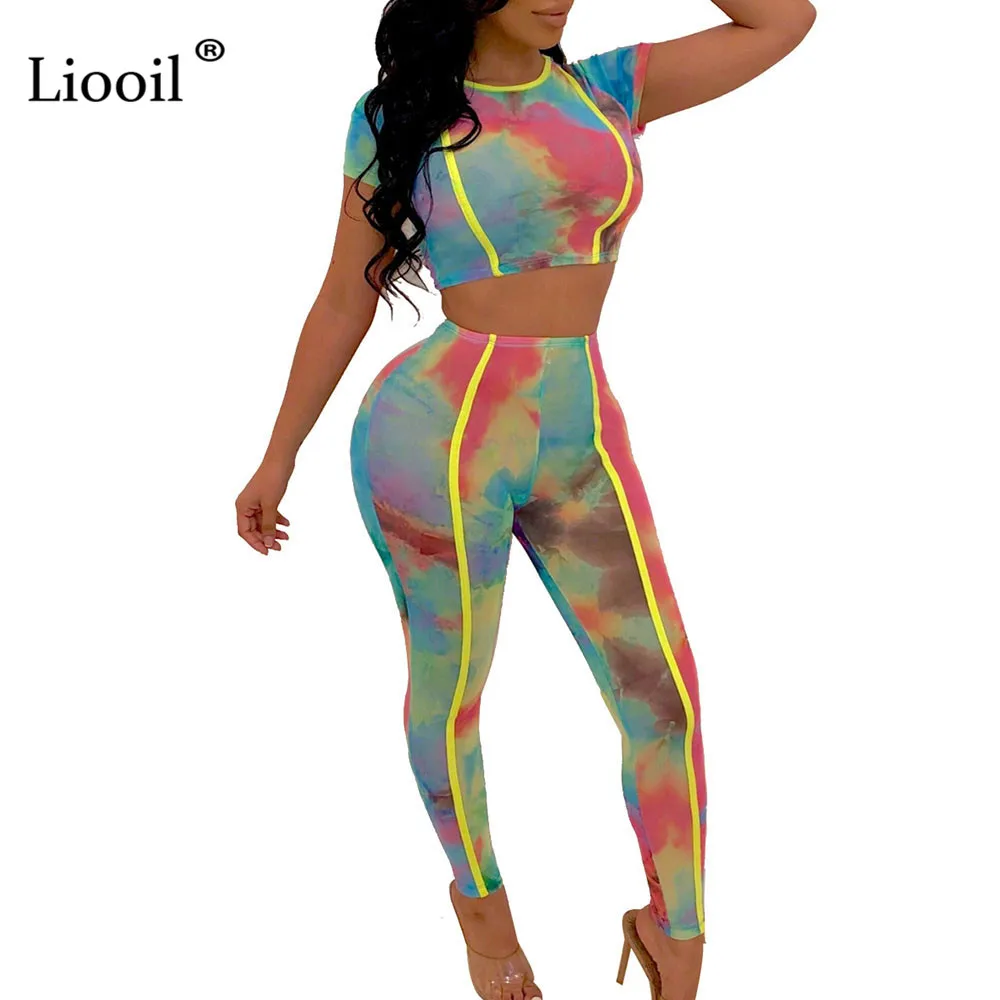 

Liooil Tie Dye 2 Piece Set Women 2019 Sexy Stripe Top And Pant Print Sweatsuit Plus Size Two Piece Outfit Tracksuit Matching Set