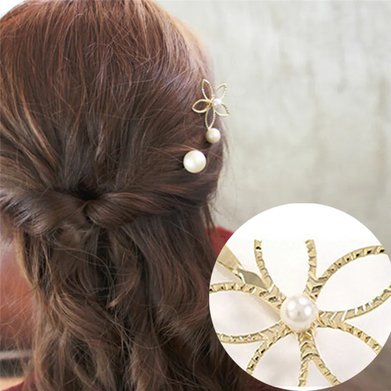3Pcs Gold Plated Hair Jewelry Pearl Flower Barrettes Hairpin Hair Clips