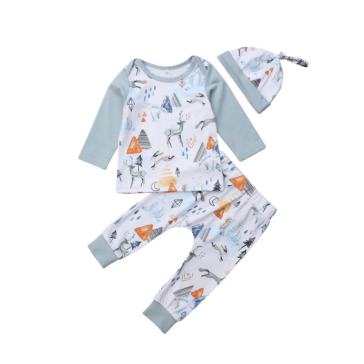 Одежда для новорожденных мальчиков и девочек комплект мода новый с длинным рукавом животных печати Топы Длинные штаны леггинсы, шляпа для