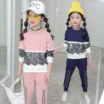 

2018 fashion girls clothes sets spring autumn kids Tracksuits Pullover lace Sweatshirts + Pants 2pcs children clothing sets