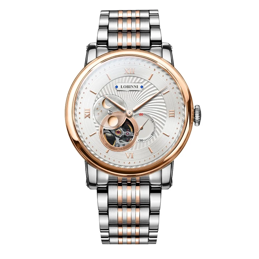 

LOBINNI Mens 50M Waterproof Steel / Leather Strap Business Hollow-out Moon Phase Automatic Mechanical Wrist Watch - Rosegold