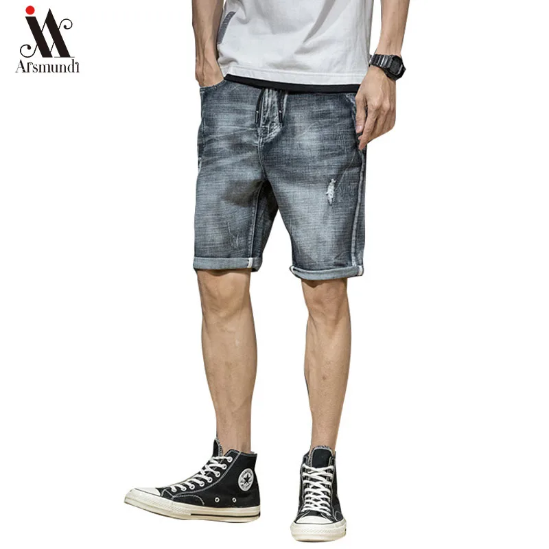 Новинка, летние мужские джинсовые шорты, Ретро стиль, облегающие, эластичные, хлопковые, синие, потертые, рваные джинсы, Мужская брендовая одежда, бермуды